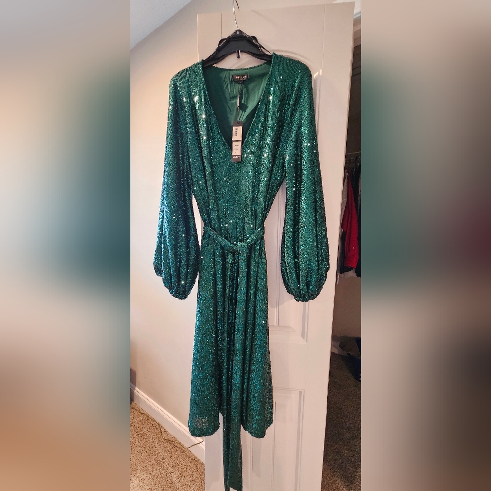 Sequin V-neck Dress, L, Green